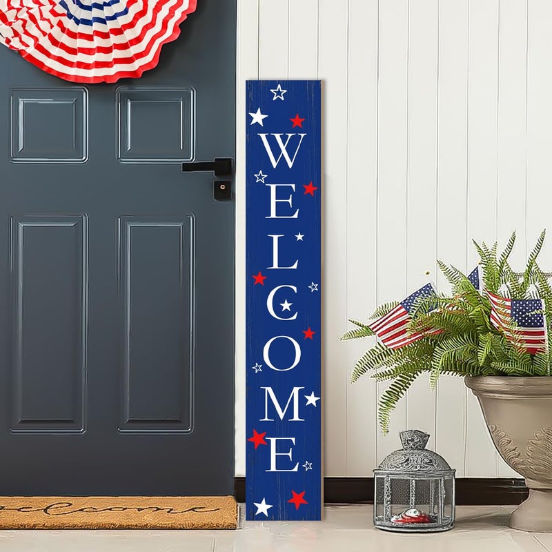 Seimip 4th of July Patriotic Welcome Porch Sign for Outdoor, American Flag Front Door Sign For Patio, 47" Blue Standing Yard Sign USA Wooden Signs Seasons Garden Decorations Vertical Signs for Indoor Wall - Image 3